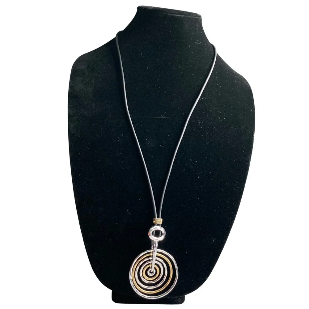 Chico's Modern Swirl Pendant Necklace Leather‎ Cord Gold Silver Tone Statement